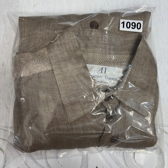 AT Anthony Tarassi 100% Linen Brown  Tan Button Down Shirt Woven Back Detail - Picture 9 of 9